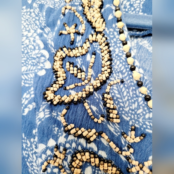 Lucky Brand Women's Boho Blouse Cotton/Rayon Beaded Blue/White Small - Picture 6 of 16